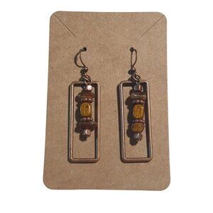 Handcrafted Copper Rectangle Earrings Wood Bead Brown Accents Boho Beach Gift